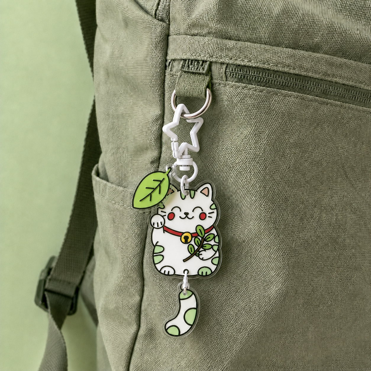 Porte-clé Maneki Neko Santé et réussite accroché à un sac