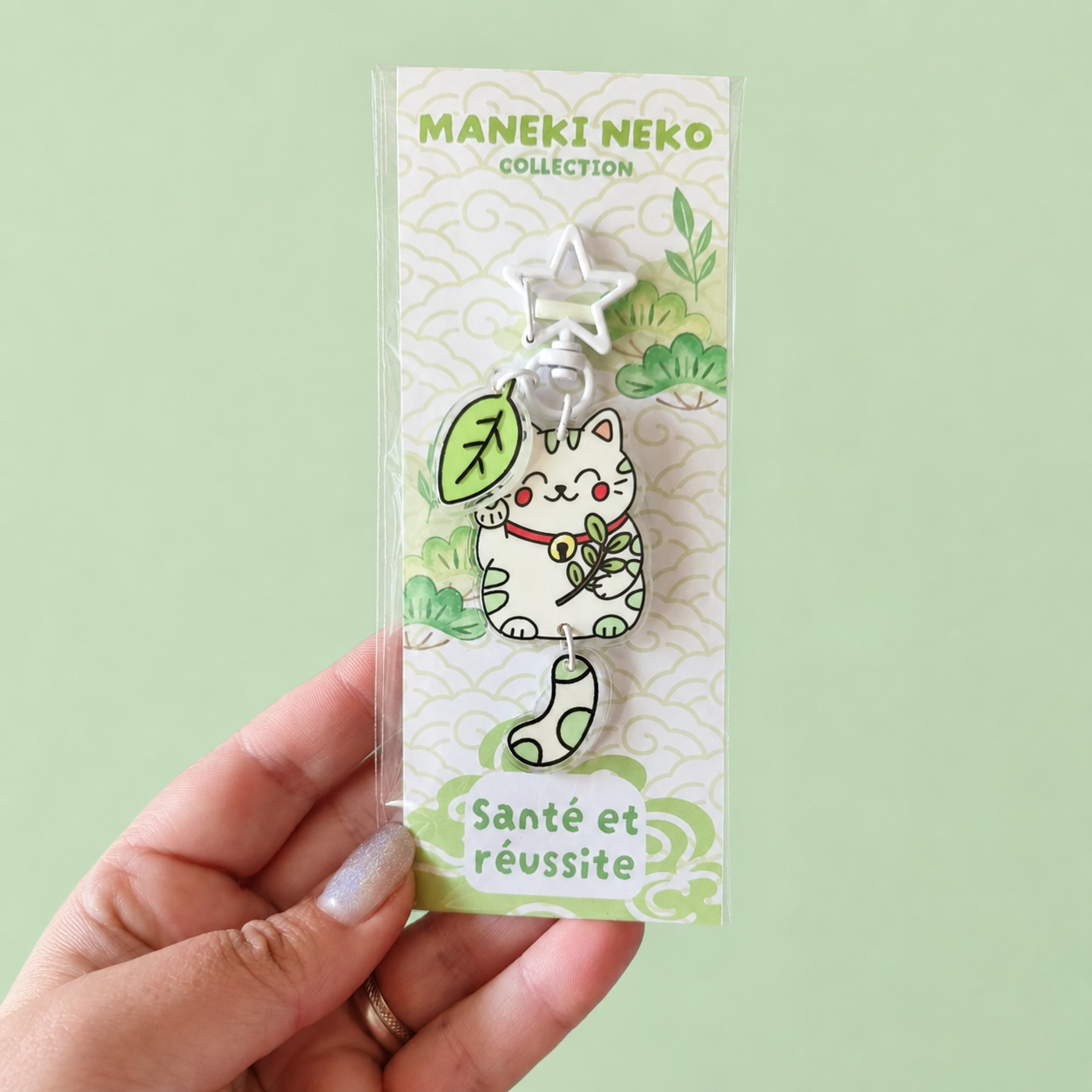 Porte-clé Maneki Neko Santé et réussite présenté sur sa carte