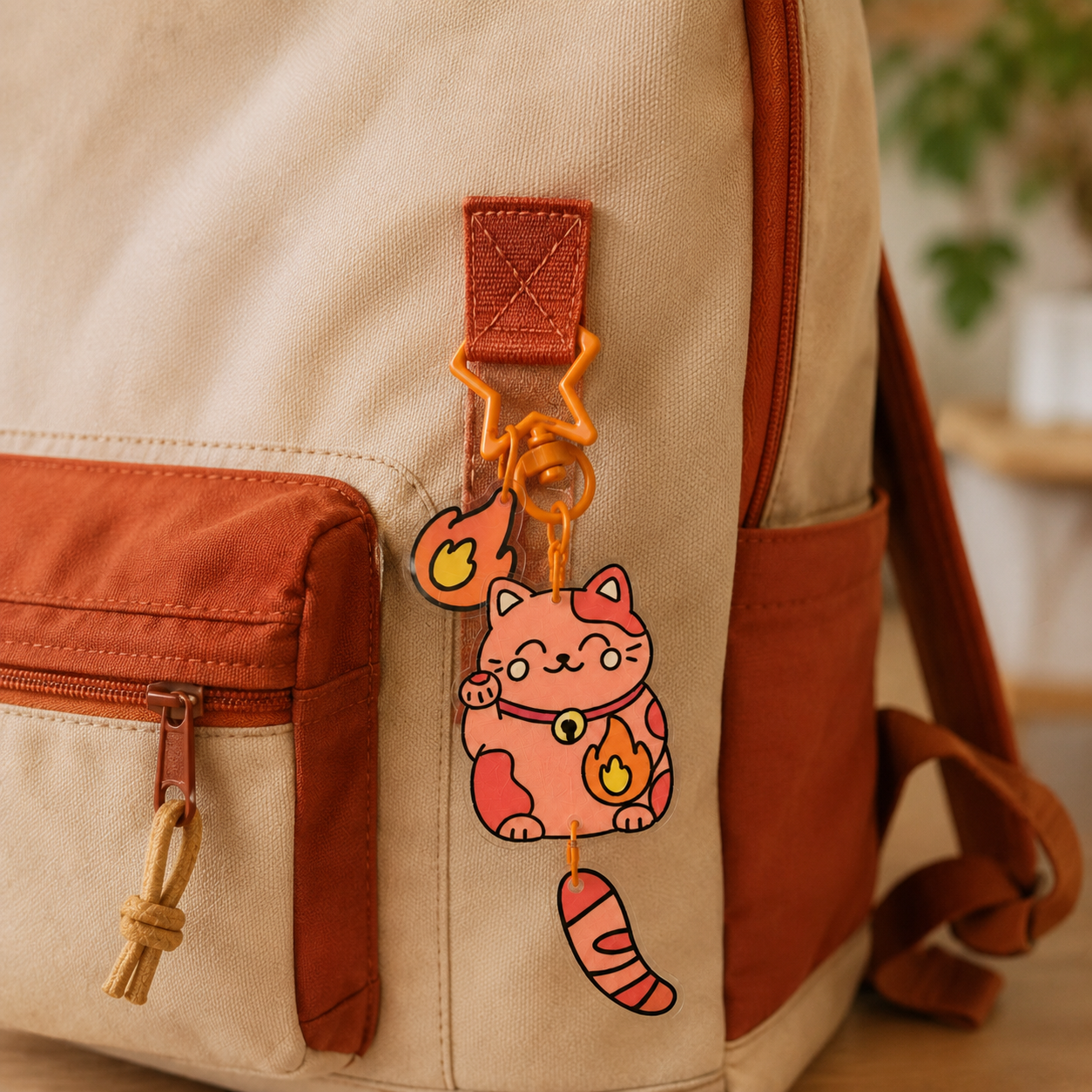 Porte-clé Maneki Neko Courage accroché à un sac à dos