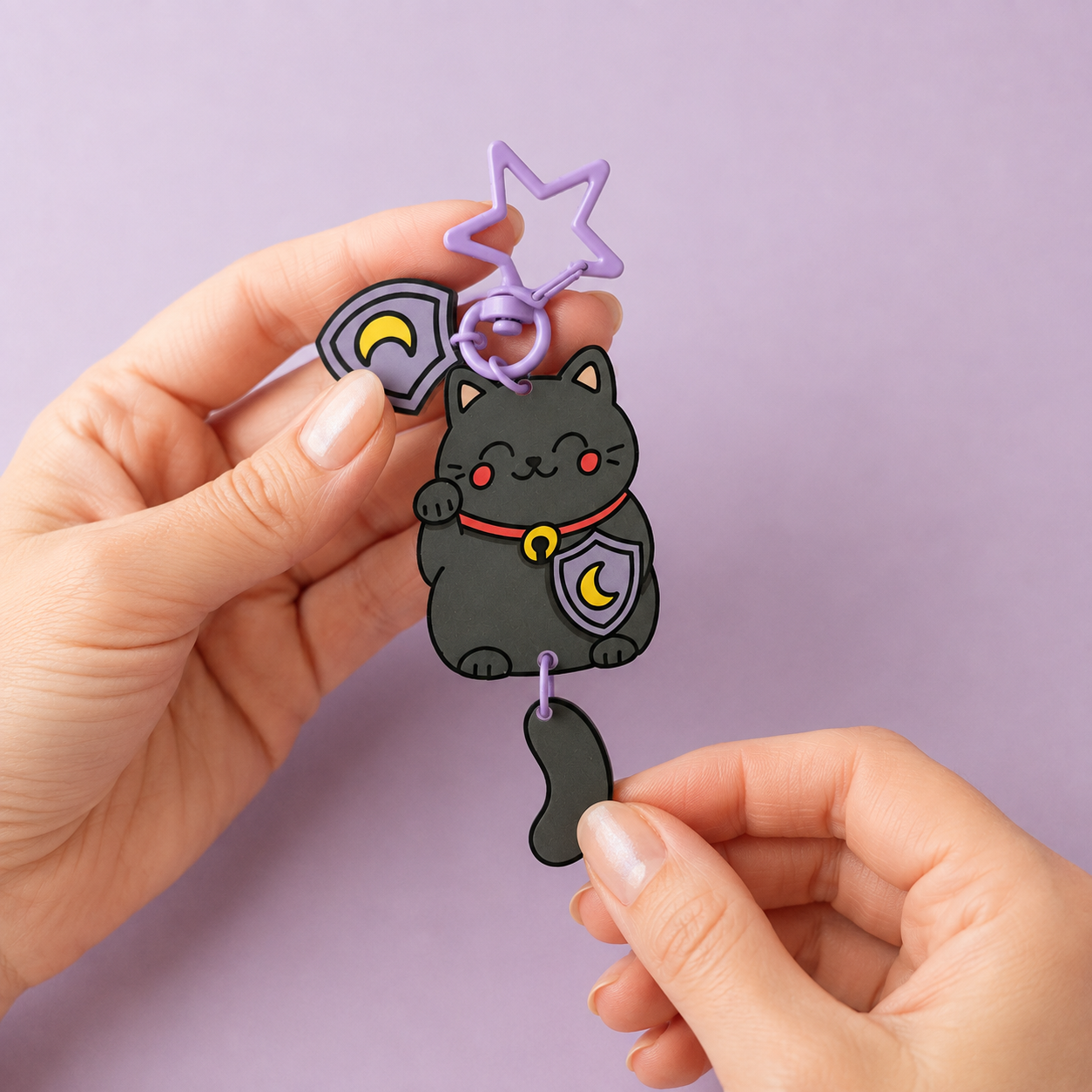 Porte-clé Maneki Neko Protection avec queue articulée tenu entre deux mains