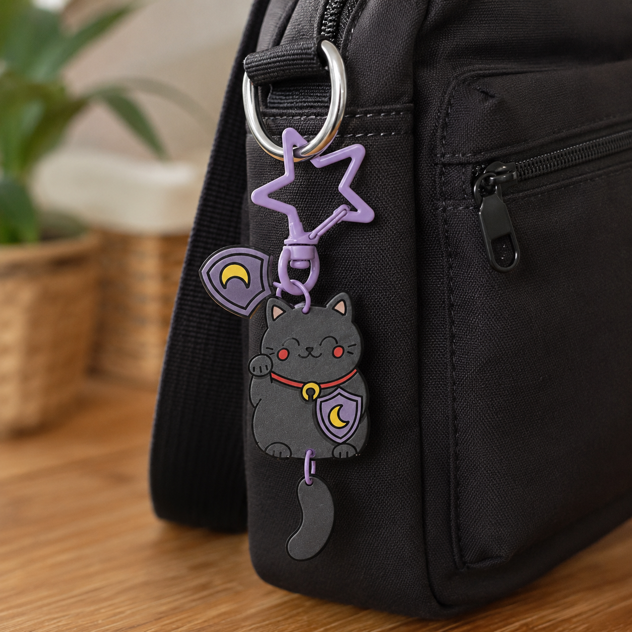 Porte-clé Maneki Neko Protection accroché à un sac noir